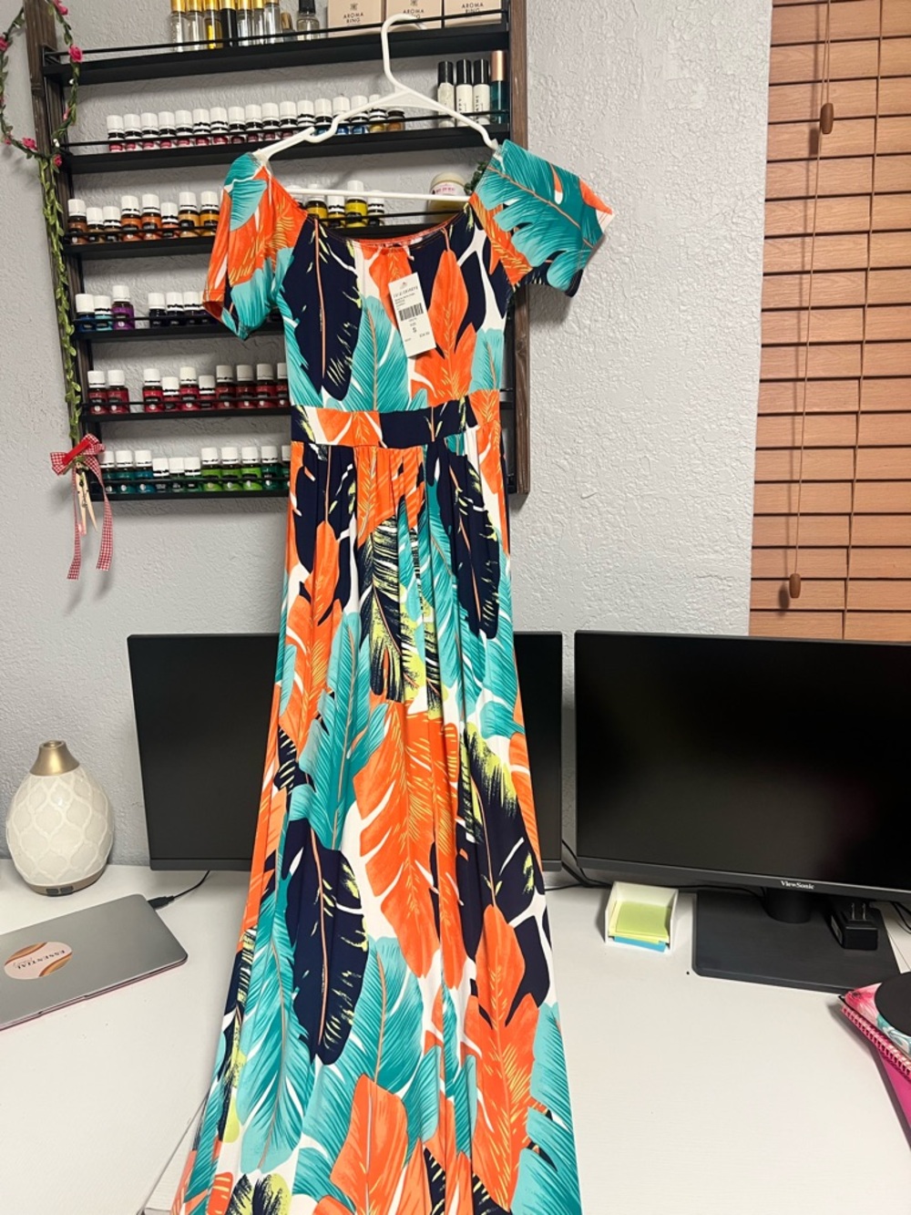 Fashion Nova Tropical Leaf Maxi Dress in Teal & Orange